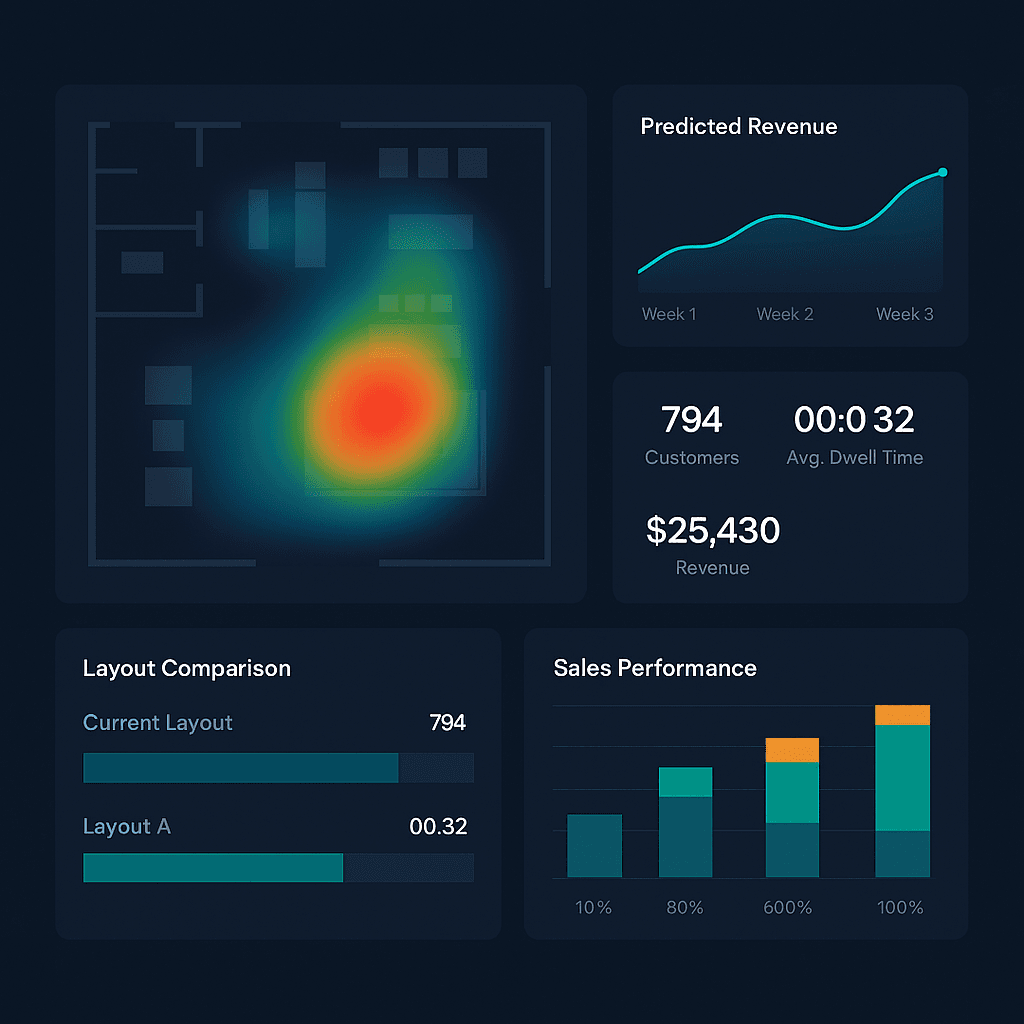 Digital twin dashboard showing store analytics and heatmap visualization